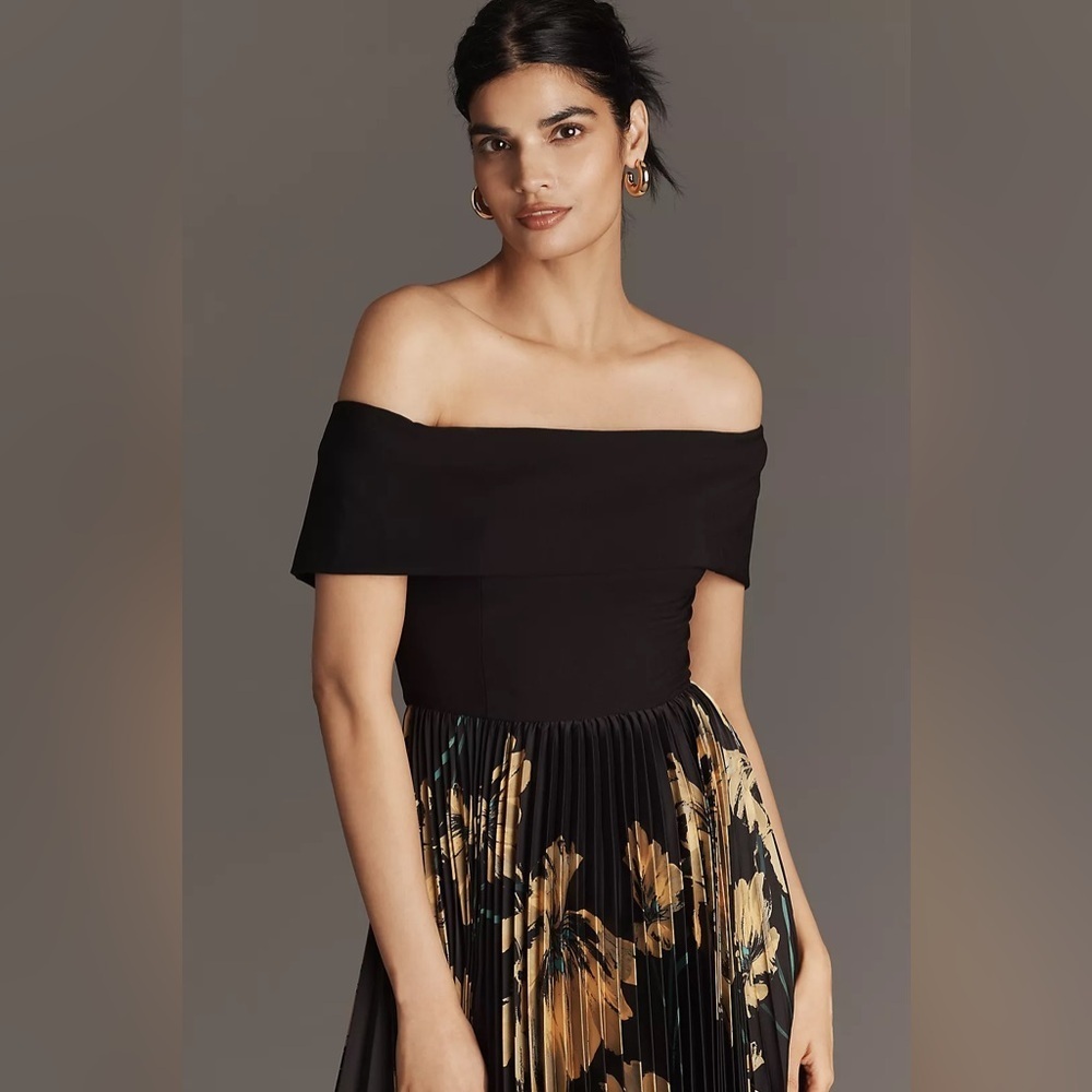 Anthropologie Black One-Shoulder Midi Dress with Gold Floral Pleats - Picture 3 of 6